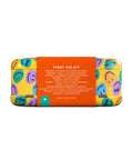 Welly First Aid Kit tin with orange label listing contents on bright yellow patterned case (front view).