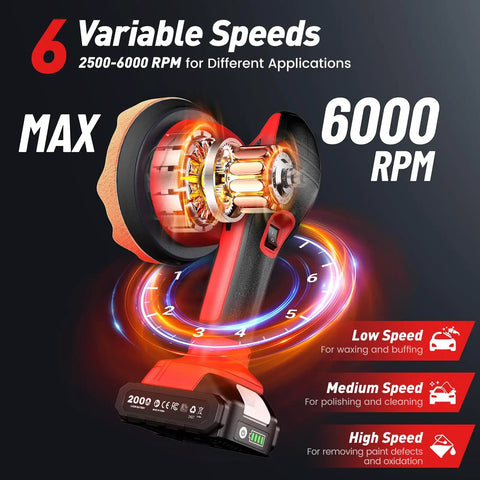 Cordless Car Buffer Polisher Kit with 2x2000mAh 21V Batteries, 6 Inch Waxer Buffer showing 6 variable speeds for detailing