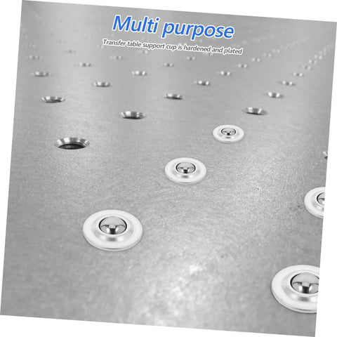 Close-up of 12 Pack Metal Ball Bearing Casters With Protective Covers For Furniture And Equipment, slick silver wheels on surface.