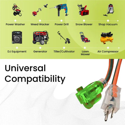 Contractor Grade Outdoor Extension Cord 12/3 SJTW With Lighted End 25 Feet Moisture Resistant And Durable showing universal compatibility