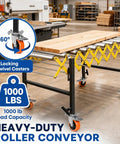 Rock Solid Heavy Duty Adjustable Roller Conveyor 1000 Lb Capacity with 4 locking swivel casters and adjustable height.