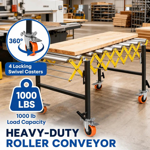 Rock Solid Heavy Duty Adjustable Roller Conveyor 1000 Lb Capacity with 4 locking swivel casters and adjustable height.