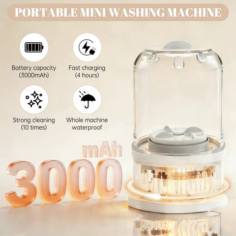 Sleek Mini Portable Washing Machine With Bright Digital Screen And Cordless Battery For Hella Fast Loads Designed For Lazy Dorm Days and Smooth Hotel Stops Keeps Your Threads Looking Fresh, showcasing 3000mAh battery capacity and waterproof features.