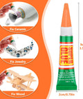 36 Pack 3g Heavy Duty Super Strong Glue Clear Gel Adhesive For All Purpose Bonding Plastic Metal Glass Leather Wood Rubber Jewelry DIY Repairs Instant Fast Dry Tubes shown fixing ceramic, jewelry, wood.