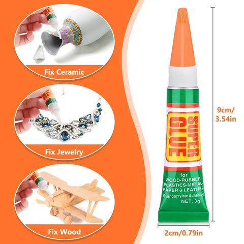 36 Pack 3g Heavy Duty Super Strong Glue Clear Gel Adhesive For All Purpose Bonding Plastic Metal Glass Leather Wood Rubber Jewelry DIY Repairs Instant Fast Dry Tubes shown fixing ceramic, jewelry, wood.