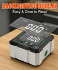 Digital Angle Finder With Dual Hella Bright Green Lasers And Rugged Magnetic Base Four Side Layout Gauge For Carpenters And Floor Layers Getting Slick Measurements Without Any Fuss on wood surface with backlight LCD.