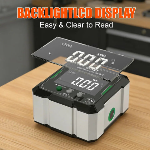 Digital Angle Finder With Dual Hella Bright Green Lasers And Rugged Magnetic Base Four Side Layout Gauge For Carpenters And Floor Layers Getting Slick Measurements Without Any Fuss on wood surface with backlight LCD.