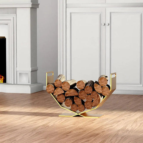 Heavy Duty Firewood Rack Built Tough For Indoor And Outdoor Use Decorative Gold Wood Holder With Large Capacity in living room