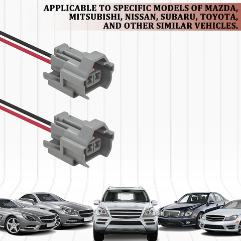 Heavy Duty Two Pin Fuel Injector Connector Wiring Pigtail Plugs For Toyota Mazda Mitsubishi Nissan Subaru EV1 EV6 EV14, gray connectors with wires.