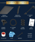 All Metal 8 Inch Dual Square Shower Head With Handheld Wand And 71 Inch Hose Set components laid out