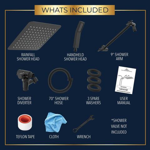 All Metal 8 Inch Dual Square Shower Head With Handheld Wand And 71 Inch Hose Set components laid out