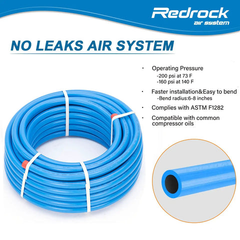 Leak Proof Shop And Garage Ready Air Piping Kit 3/4 Inch By 100 Foot HDPE Aluminum Air Line System For Air Compressors 200 PSI Easy To Install Flexible Piping ASTM F1282 Blue coiled view