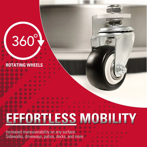 Close-up of 360-degree rotating wheel on Universal 16.5 Inch Pressure Washer Surface Cleaner Stainless Steel For Gas And Electric Cold Water One Quarter Inch Quick Connect Max 4000 PSI Perfect For Driveways Patios And Sidewalks