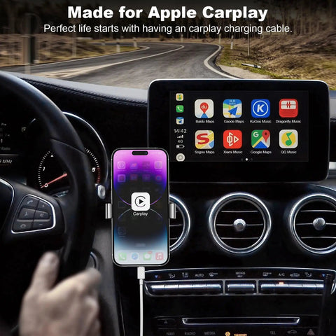 CarPlay USB A To Lightning Charging Cable For iPhone And iPad 3 Foot Car Charger Cord in use, connected to iPhone with CarPlay display