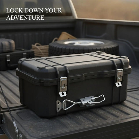 Truck bed with storage case secured by Toggle Latch Clamp Stainless Steel Fastener For Toolboxes And Equipment Cases Heavy Duty Security Latch Keeps Lids Closed During Transport Tough As Nails For Jigs Enclosures And Storage Boxes.