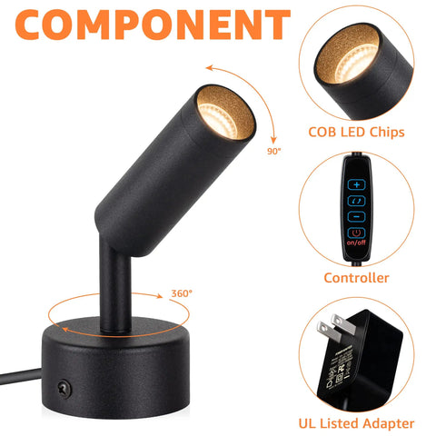 Component view of 2 Pack Dimmable LED Uplights for Indoor Use with UL listed adapter, controller, and adjustable LED chips.