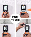 Heavy Duty 4 In 1 Stud Finder And Wall Scanner with LCD screen instructions for locating studs and moisture during repairs.