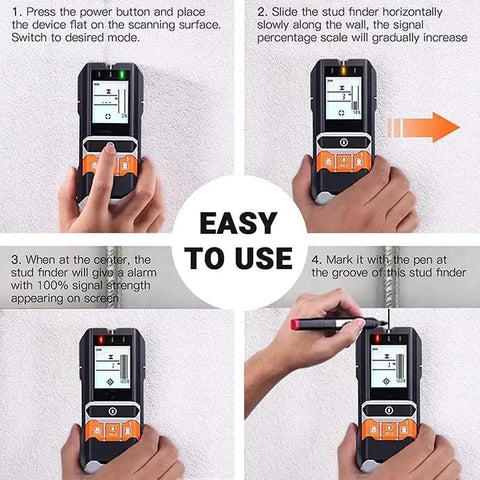 Heavy Duty 4 In 1 Stud Finder And Wall Scanner with LCD screen instructions for locating studs and moisture during repairs.