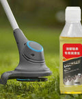 All Purpose Chainsaw Oil 100ml bottle next to a grass trimmer, showcasing synthetic lubricant for outdoor power equipment maintenance.