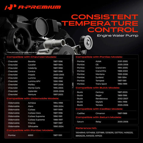 No Sweat Direct Swap Water Pump Compatible With Chevy Malibu Lumina Buick Regal Pontiac Grand Prix Cadillac Engine Cooling Replacement For 2.2L Through 5.0L V6 And V8 Engines specifications chart.