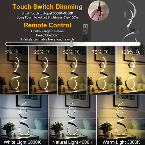 20W Remote Control Dimmable LED Art Table Lamp With Three Color Temperature Modes And Touch Switch 21 Inch Tall Cool Modern Abstract Desk Light For Living Room And Bedroom Black Finish showing various light modes