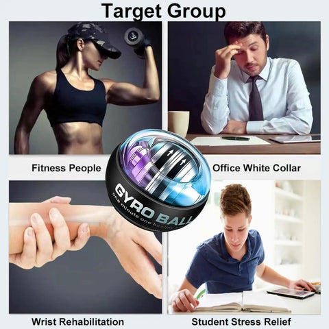 Wrist Gyro Ball Exerciser With LED Lights, Torque Ball For Forearm Strength And Rehab shown for fitness, office, rehab, and student use