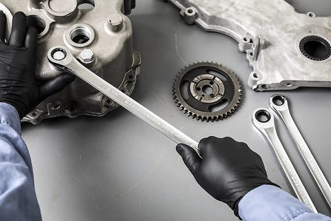 Mechanic using 17 Piece XL Gear Box Double Box End Ratcheting Wrench Set Metric For Pros Off Corner Loading on engine component