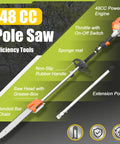 Gas Powered Pole Saw With 48cc 2 Stroke Engine, 11.5 Inch Cutting Bar, 16 Foot Reach for Tree Trimming with features