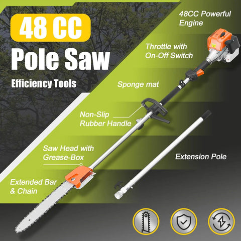 Gas Powered Pole Saw With 48cc 2 Stroke Engine, 11.5 Inch Cutting Bar, 16 Foot Reach for Tree Trimming with features