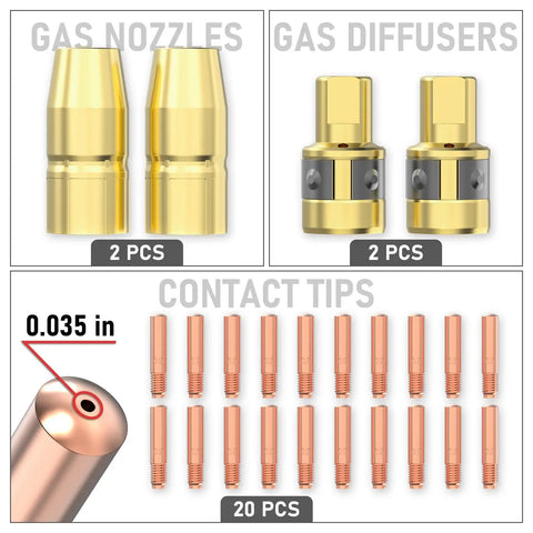 Top Tier Yeswelder Mig Welding Gun Accessory Kit With 0.035 Inch Tip Nozzle And Diffuser For Miller Millermatic M-10 And Hobart H-9 Torches includes 2 gas nozzles, 2 gas diffusers, and 20 contact tips.