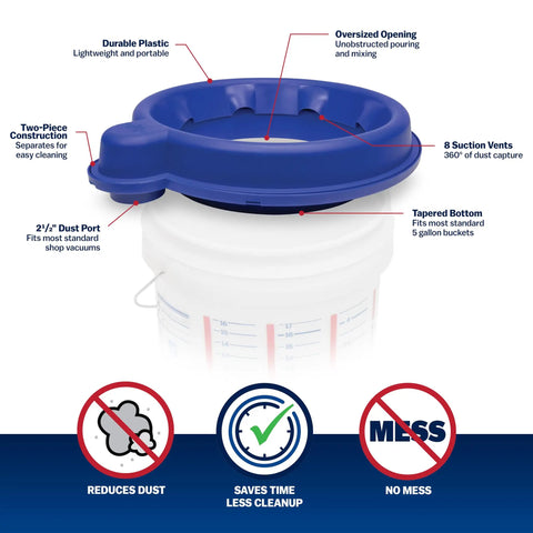 5 Gallon Bucket Dust Collector With High Powered Cyclone Separator And 2 Inch Vacuum Hose Fitting For Serious Jobsite Cleanup Kicking Dry Wall Dust To The Curb While Keeping Your Shop Crisp And Contractor Safe, blue plastic lid with dust port.