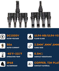T Branch Solar Connector Plug And Play 1 To 4 For Solar Panels M To F And F To M Parallel String Splitter Joiner specifications chart
