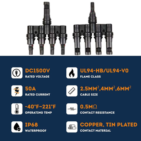 T Branch Solar Connector Plug And Play 1 To 4 For Solar Panels M To F And F To M Parallel String Splitter Joiner specifications chart