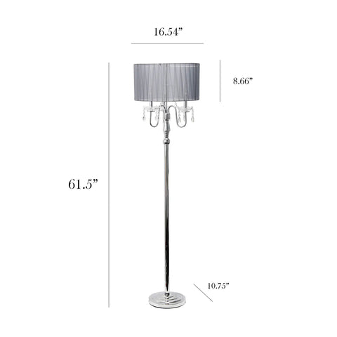 Romantic Cascading Crystal Floor Lamp With Sheer Drum Shade In Chrome Finish, White, Standing 61.5 Inches Tall With A 16.54 Inch Drum Shade, Uses 3X40W Candelabra Bulbs Not Included, A Modern Statement Piece That Turns Heads In Living Room Lighting
