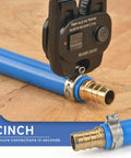 All In One Ratchet PEX Cinch Tool With Remove Function clamping a stainless steel PEX clamp on blue piping for home plumbing