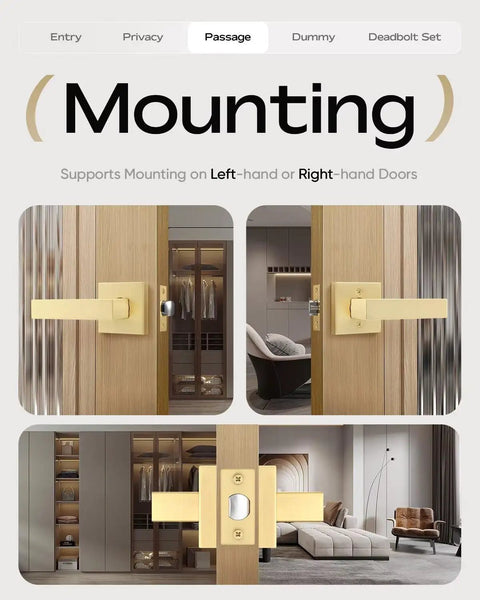 Six Pack Gold Interior Door Levers Non Locking Passage Handles for Hallway and Closet Doors Zinc Alloy with Rust Proof Finish Easy Install Durable Premium Quality for High Traffic Rooms shown in installation views.