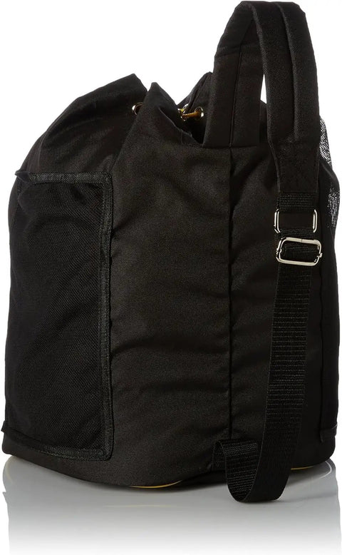 Side view of black heavy duty welding gear bag with large main compartment and mesh side pocket for gloves and water bottles