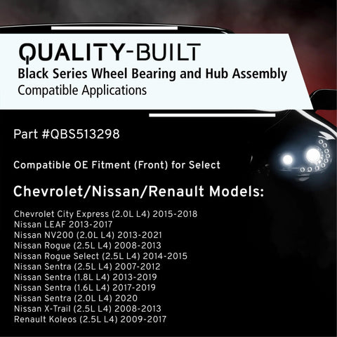Quality-Built Black Series Wheel Bearing and Hub Assembly compatibility details for Chevrolet, Nissan, and Renault models.