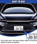 4 Piece Stainless Steel License Plate Screw Set, Heavy Duty Anti-Theft Tamper Resistant Car Tag Bolts With Matte Black Caps and Zero Shake Anti Rattle Pads For A Dead Nut Tight Cruise Setup on a car front.
