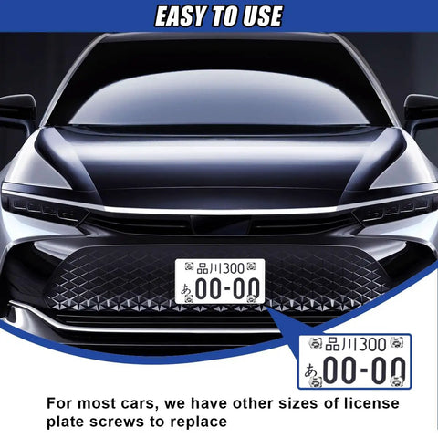 4 Piece Stainless Steel License Plate Screw Set, Heavy Duty Anti-Theft Tamper Resistant Car Tag Bolts With Matte Black Caps and Zero Shake Anti Rattle Pads For A Dead Nut Tight Cruise Setup on a car front.