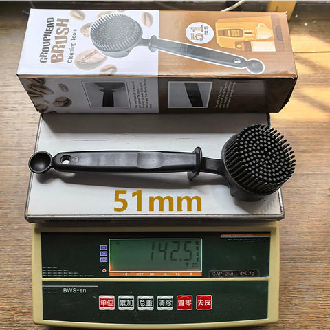 Long Handle Espresso Machine Cleaning Brush With Soft Bristles For Deep Clean Of Coffee Makers Easy Grip Antislip Handle Ideal For Home Baristas And Coffee Shops shown with 51mm diameter measurement on scale