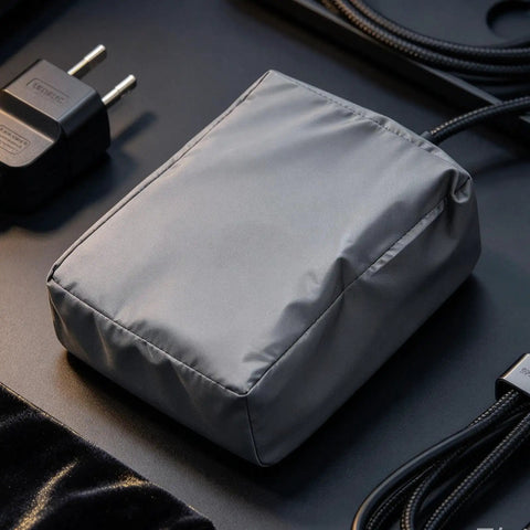 Heavy Duty EV Charger Cover With Snag Proof Drawstring Closure Waterproof Dustproof Weather Guard Built Tough As Nails For Outdoor Plug Protection Goes Hard Rain Or Shine, gray fabric close-up.