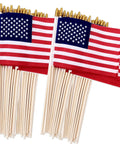 Pack Of 100 Small 4x6 Inch American Flags On 12 Inch Wood Sticks For Outdoor Use, Mini Handheld Patriot Flags arranged in rows