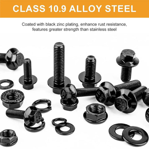 252 Piece M6 M8 Grade Ten Point Nine Hex Flange Head Bolts Nuts Flat Washers Lock Washers Black Zinc Plated Alloy Steel Metric Fastener Set