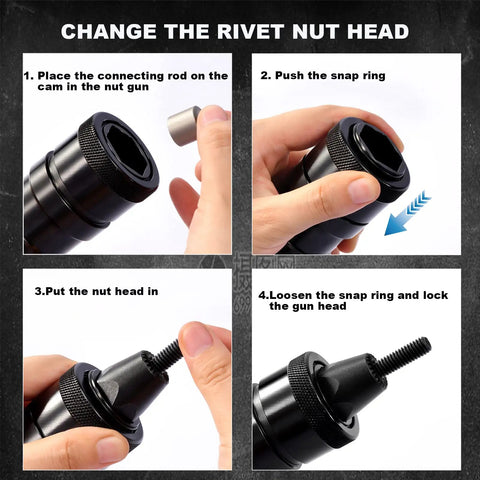 Self Locking Rivet Nut Gun Head Set M6 M8 M10 For LM07 Pneumatic Rivet Nut Gun Quick Mandrel Change steps shown