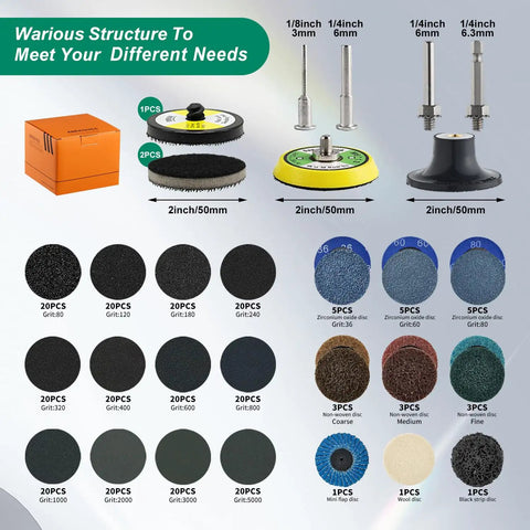 274 Pack 2 Inch Sanding Discs Kit For Drill And Die Grinder With Roll Lock And Loop Pads Wet Dry Sanding Grit Range 36 To 5000