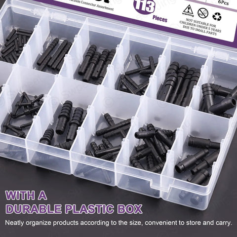 Front view of Swpeet 113pcs barbed vacuum connector kit in clear plastic storage box with black hose fittings