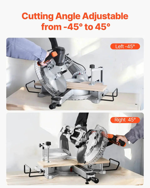 Sliding Compound Miter Saw With 12-Inch Blade, 15 Amp Motor, 60-Tooth Corded Double Bevel, LED Precision Alignment in use at -45° and 45° angles.