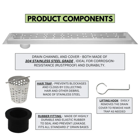 Top Tier 60 Inch Linear Shower Drain With Side Outlet Brushed Nickel Stainless Steel Hair Catcher Strainer Grate For Wet Room Bathroom Floor components including drain channel, hair trap, rubber fitting, lifting hook.