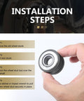 Hand holding heavy duty wheel stud installer tool for cars, SUVs and light trucks with installation steps guide.